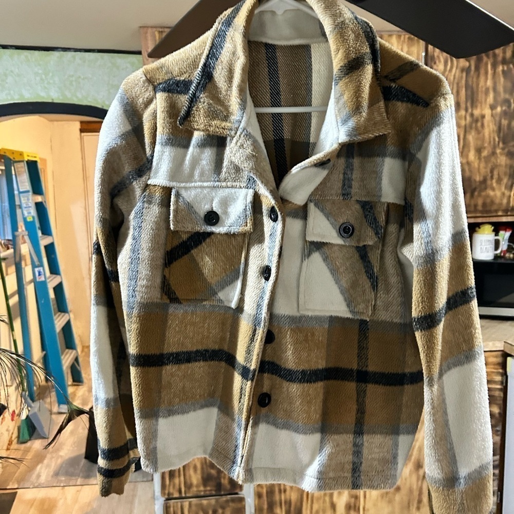 Shein Brown and White Utility Jacket with Plaid Pattern - Picture 6 of 6